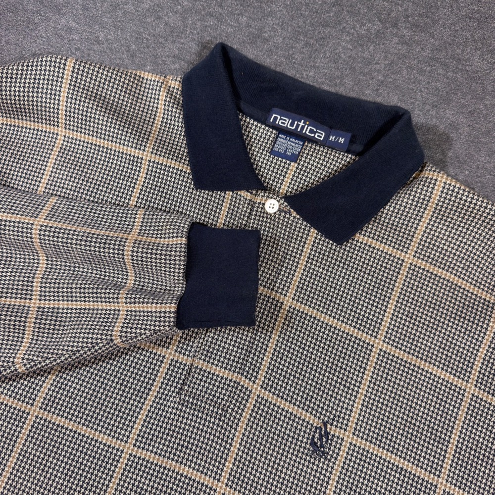 Nautica Polo Shirt Mens Medium Blue Tan Houndstooth Plaid Long Sleeve Vintage